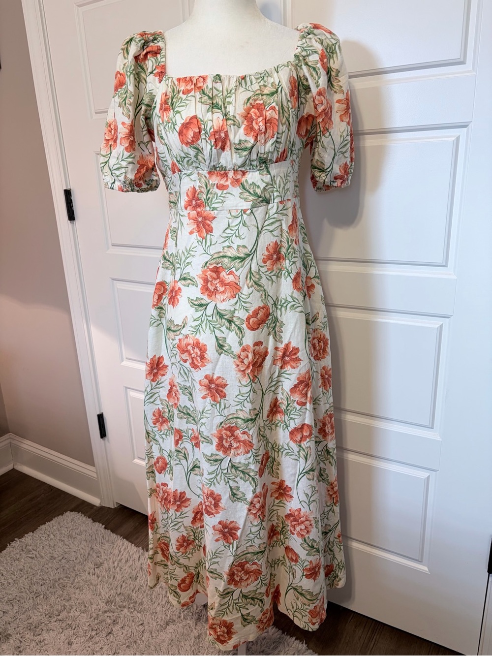 Joie Linen Blend Puff-Sleeve Maxi Dress in Coral and Cream -Size 4